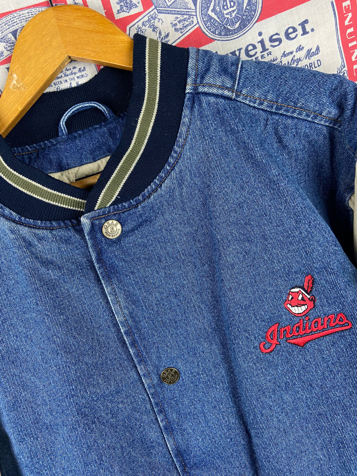 Vintage 1990s Gear Sports Cleveland Indians Denim Bomber Large(25”x28”)