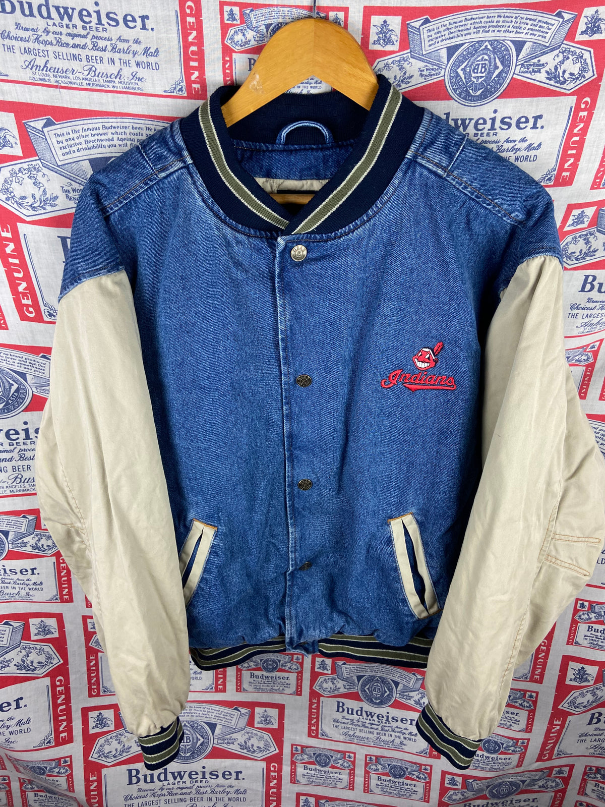 Vintage 1990s Gear Sports Cleveland Indians Denim Bomber Large(25”x28”)